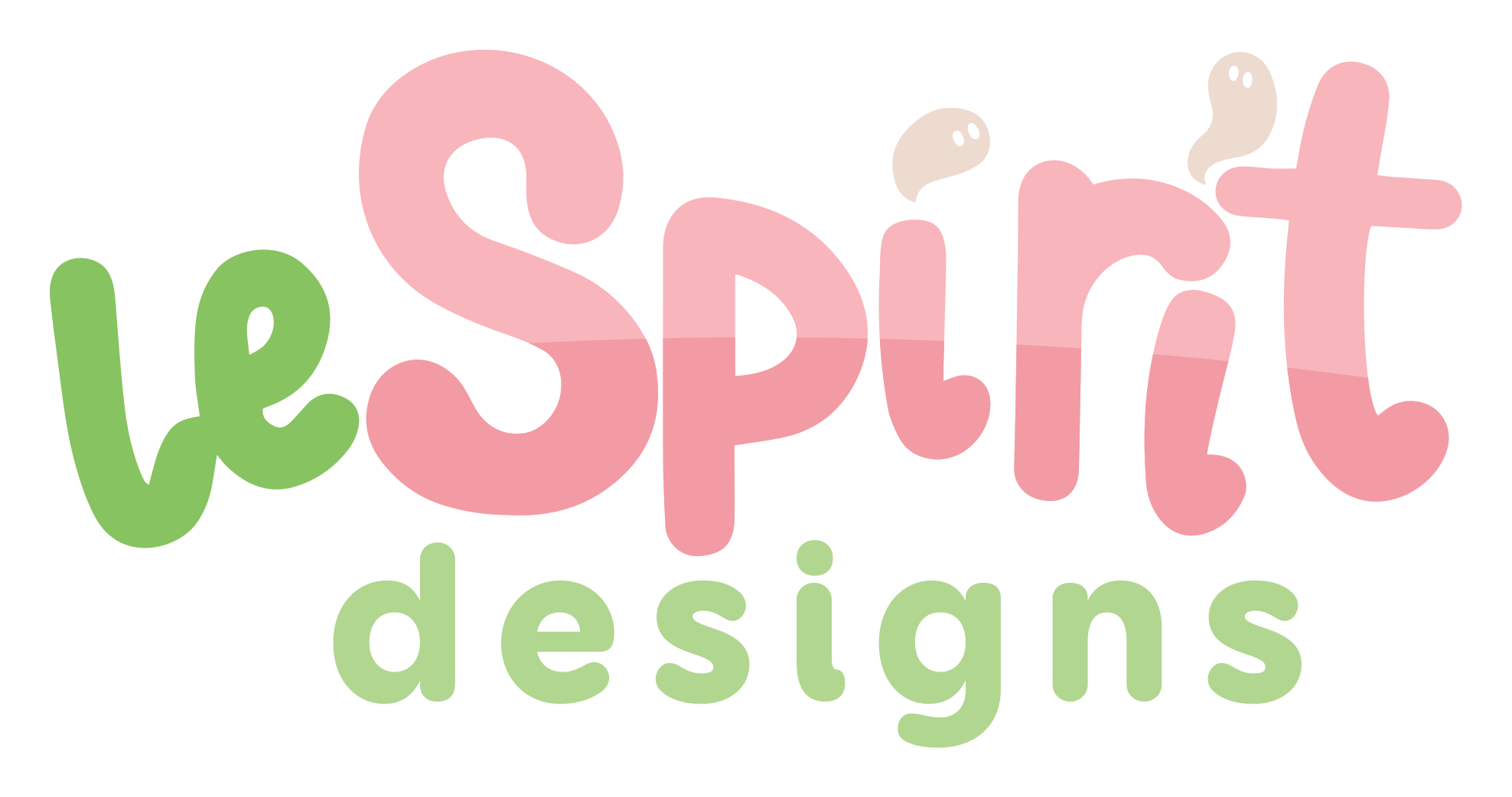 Logo with playful text: leSpirit designs. leSpirit is in pink and green rounded letters, while designs is in green lowercase letters beneath. Two small beige accents appear on the i and t in Spirit.