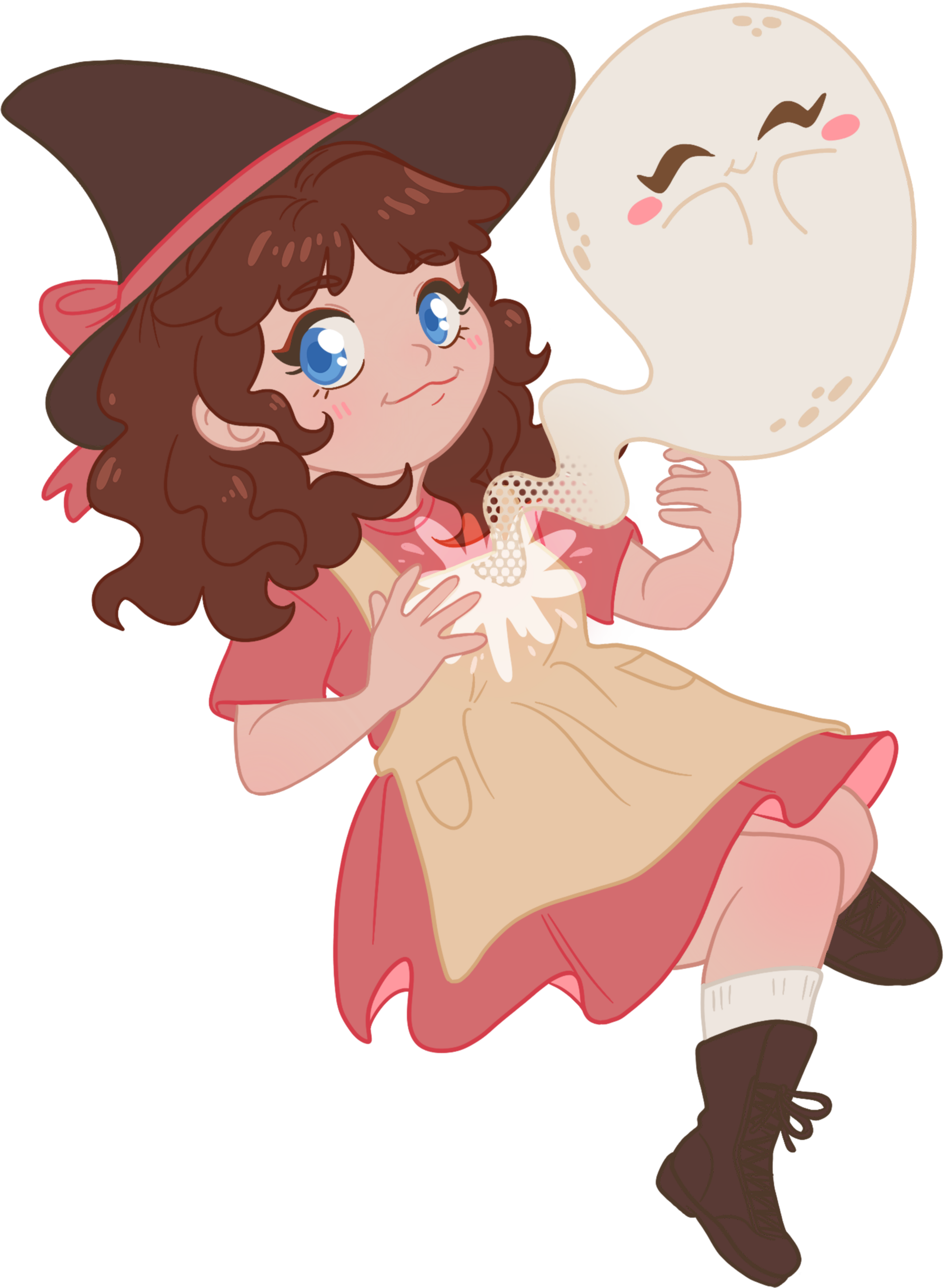 A cute cartoon girl with brown curly hair, a black witch hat, and a pink dress with a beige apron sits smiling. She holds a glowing object, and a smiling ghostly figure floats beside her.