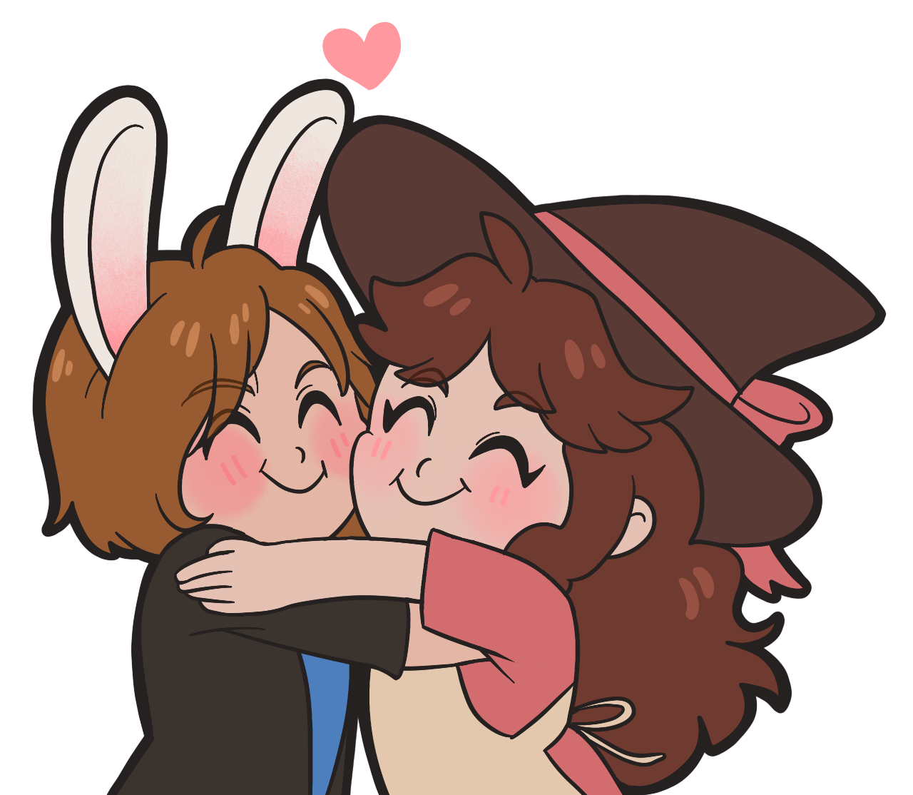 Two cartoon characters hug each other happily. One has bunny ears and short hair, while the other wears a large witch hat. Both are smiling with closed eyes, surrounded by a pink heart above their heads.