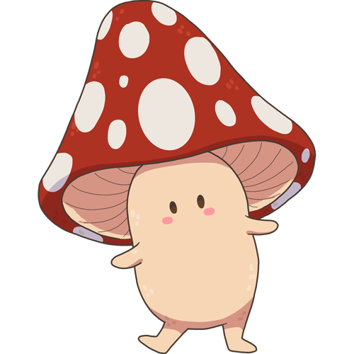 A cute cartoon character with a round, beige body and tiny arms and legs, featuring a large red mushroom cap with white spots as its head, giving it a whimsical appearance.