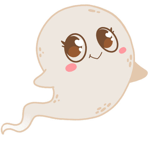 A cute cartoon ghost with big, shiny brown eyes, rosy cheeks, a small smile, and a wavy tail. The ghost has a soft beige color and a friendly, cheerful expression.