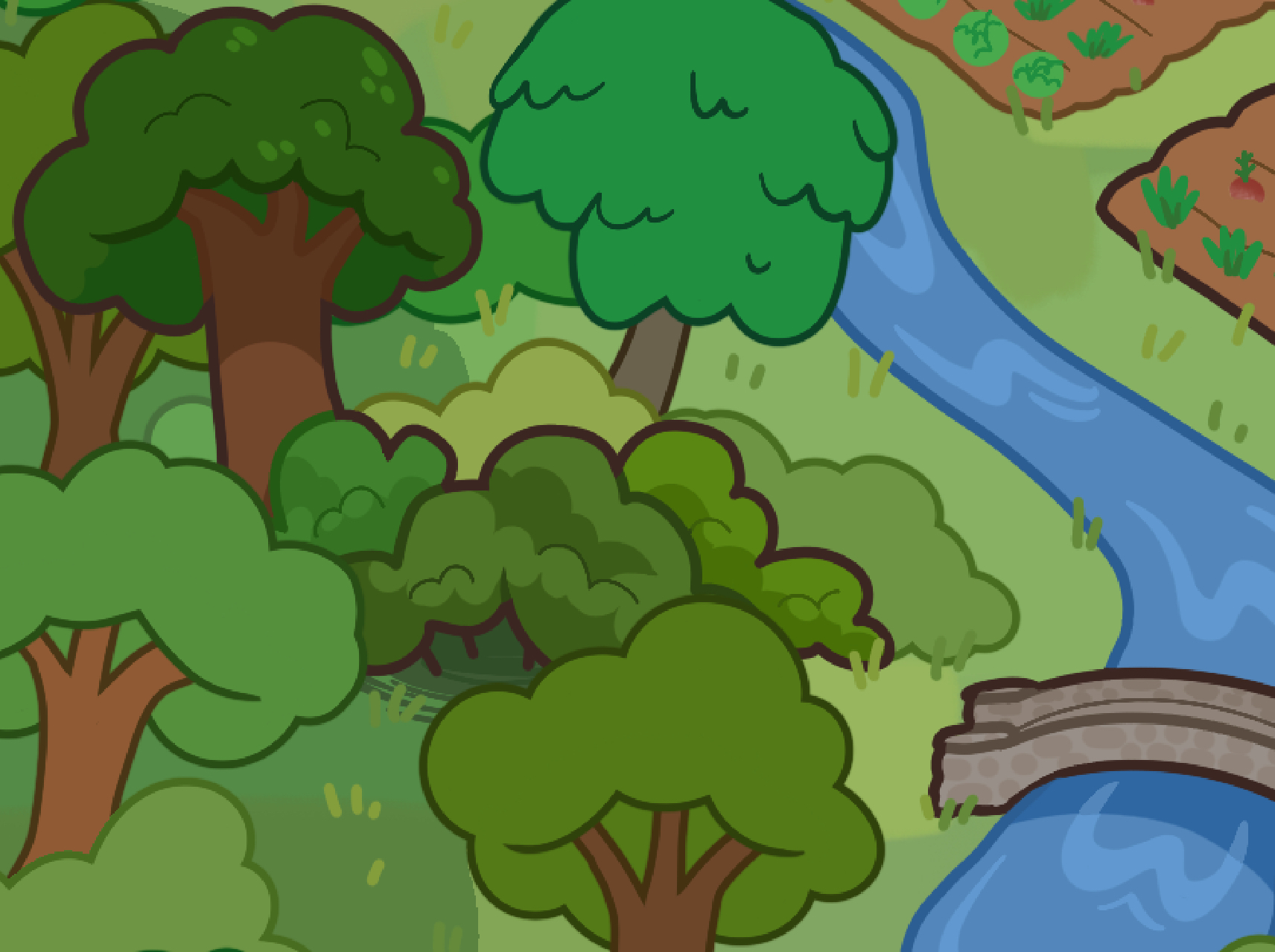 A cartoon-style illustration of a forest with several green trees, a flowing blue river, and a small stone bridge crossing the water. The scene is bright, with patches of grass and a garden visible in the background.