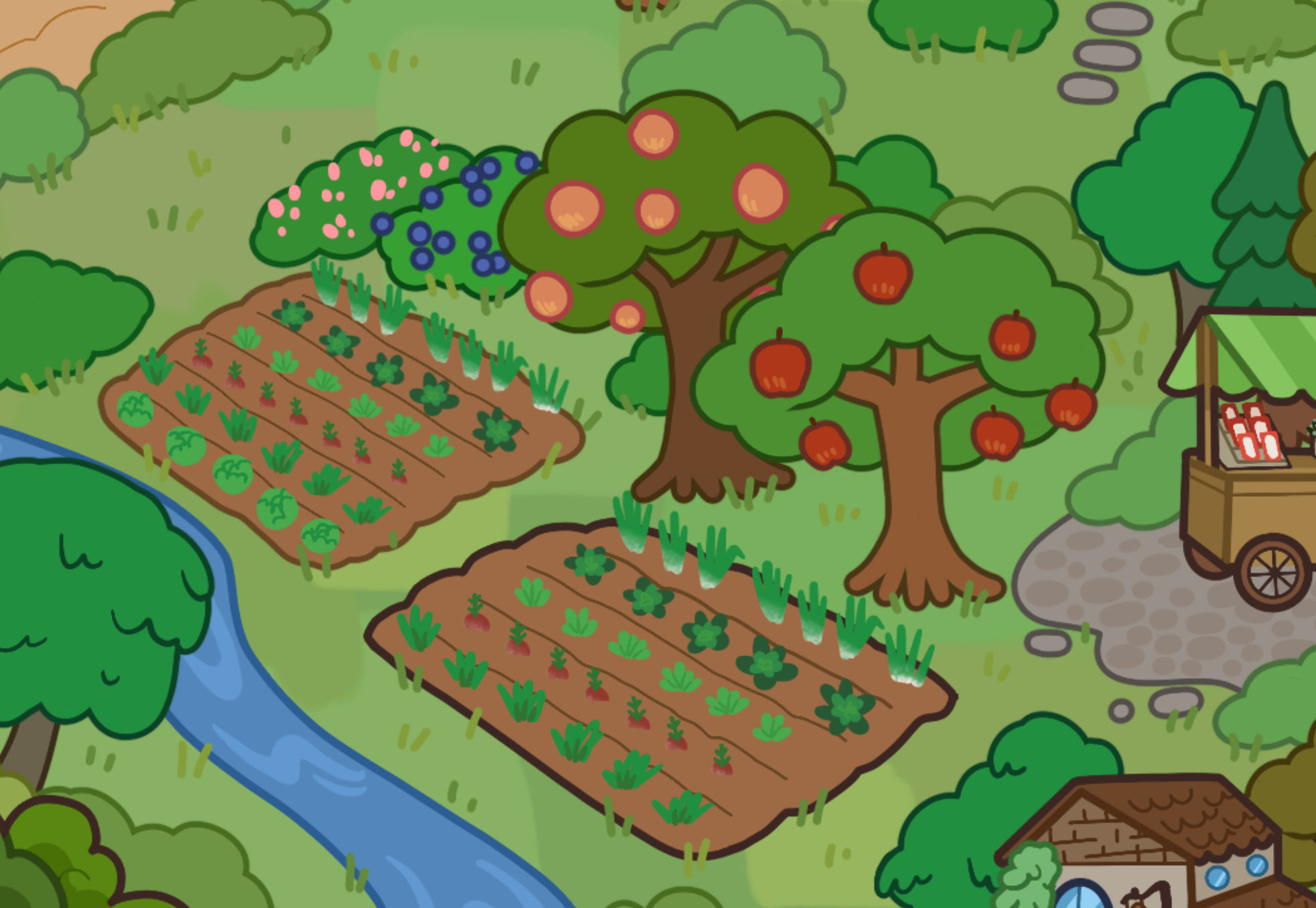 A colorful cartoon garden with vegetable plots, fruit trees bearing apples, flowering bushes, a flowing river, and a small cart stand with goods nearby. Paths and greenery surround the area.