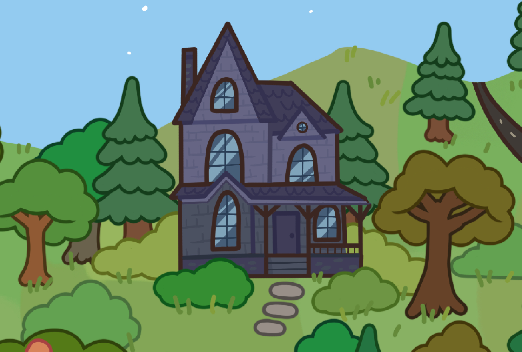 A cartoon-style dark gray house with arched windows stands among green trees, bushes, and grassy hills under a blue sky dotted with stars. A stone path leads to the front porch.