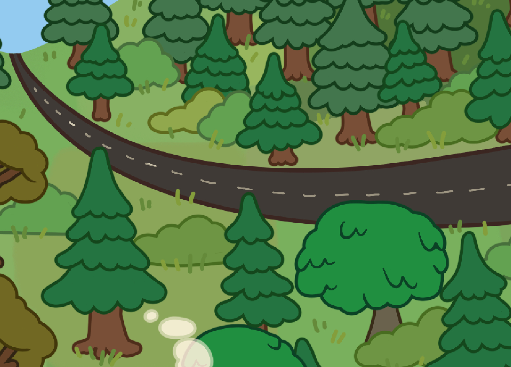 A cartoon-style illustration of a winding road curving through a green forest with various trees and bushes. The scene is bright and colorful, with a playful and whimsical feel.