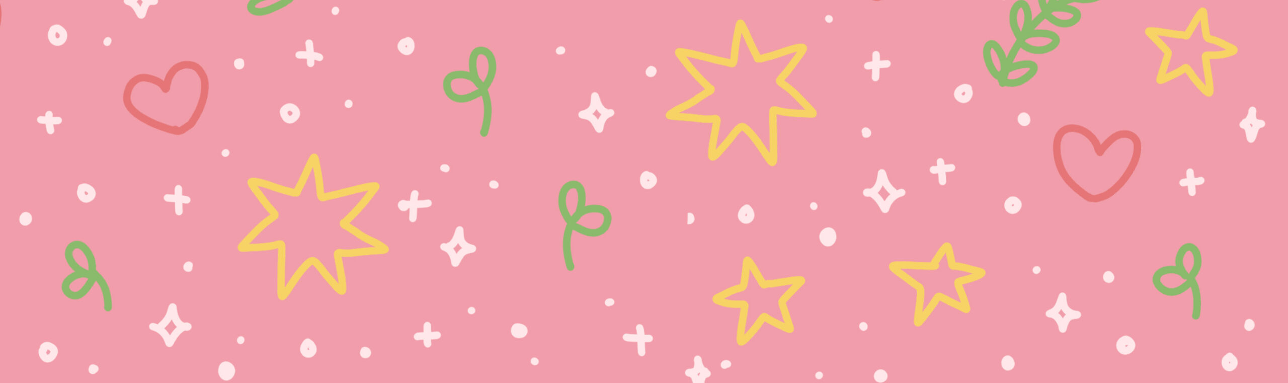 A pink background with yellow stars, white sparkles and dots, green leaves, and red hearts scattered in a playful, doodle style pattern.