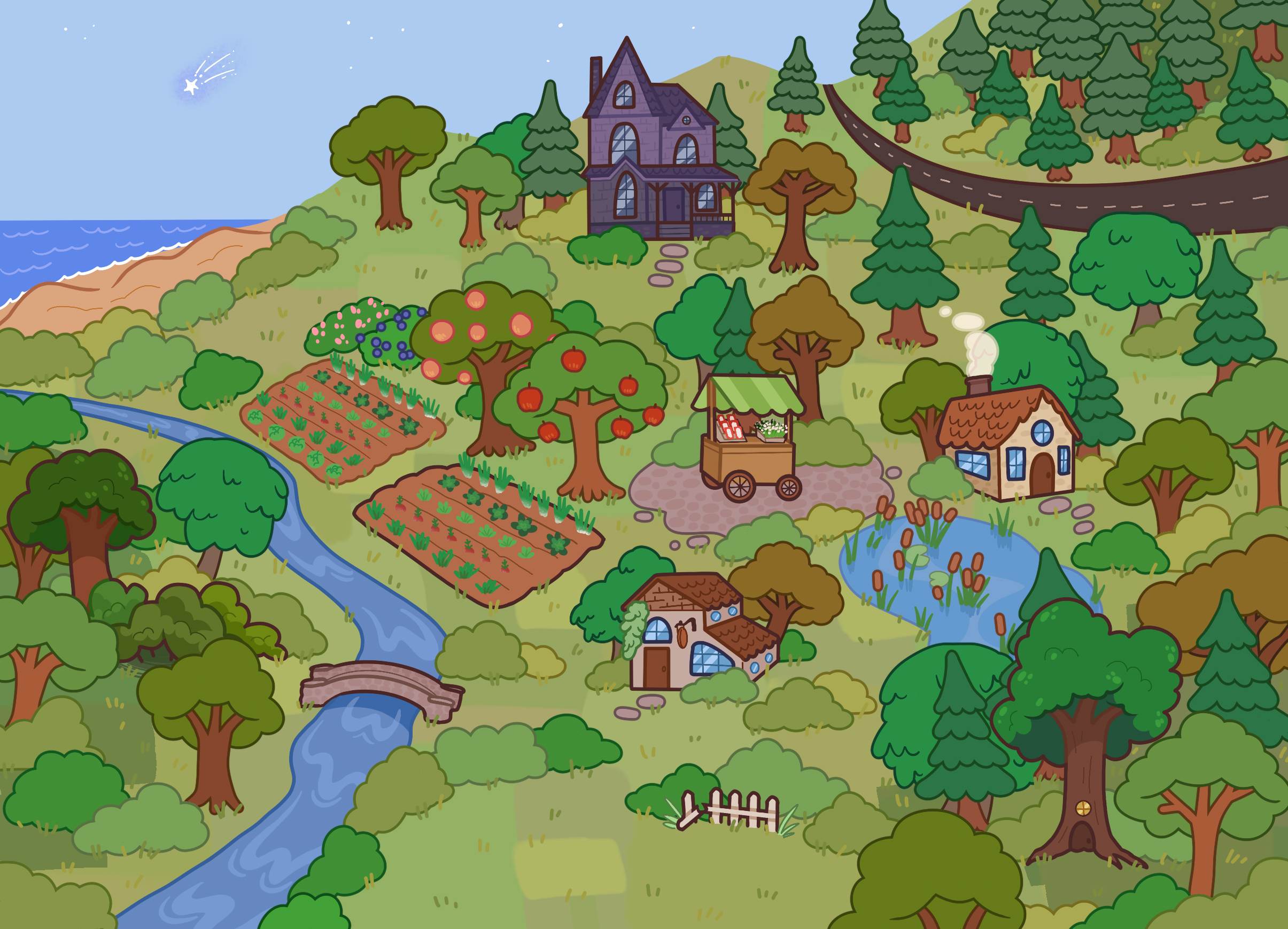 A colorful illustration of a village with gardens, trees, a river and bridge, a pond, two cottages, a farmhouse, a market stall, a winding road, and a shooting star in the sky over the sea.