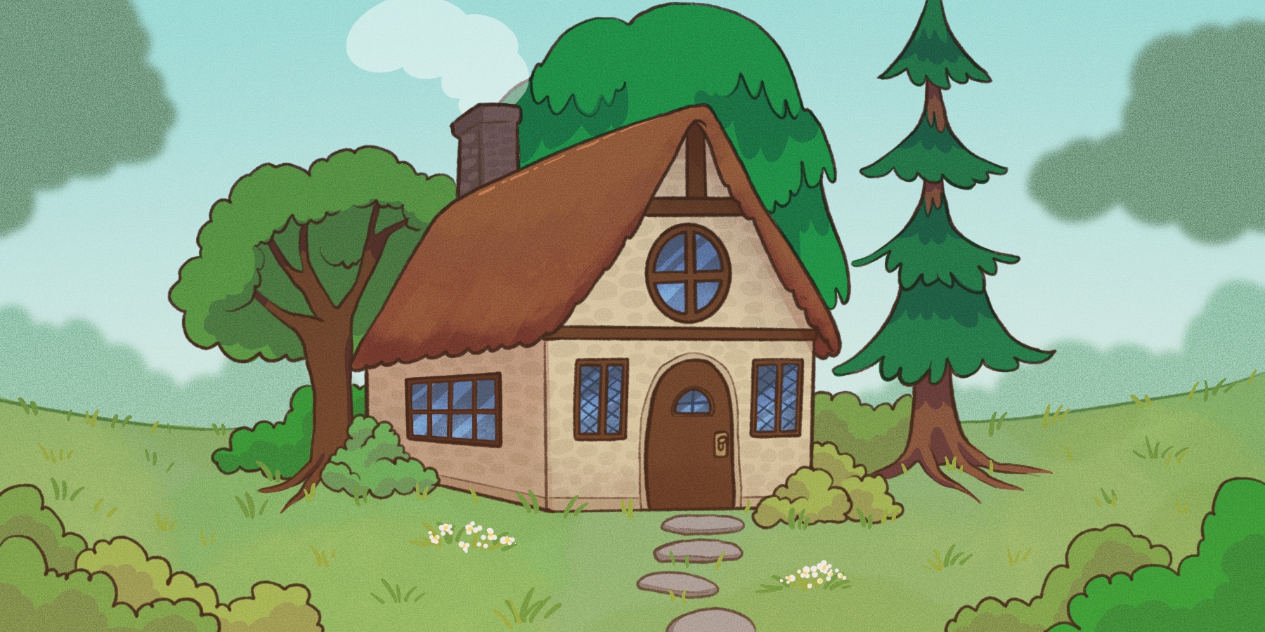 A cozy, cartoon-style cottage with a thatched roof and round windows sits among green trees and grass, with a stone path leading to the door and a wisp of smoke rising from the chimney.