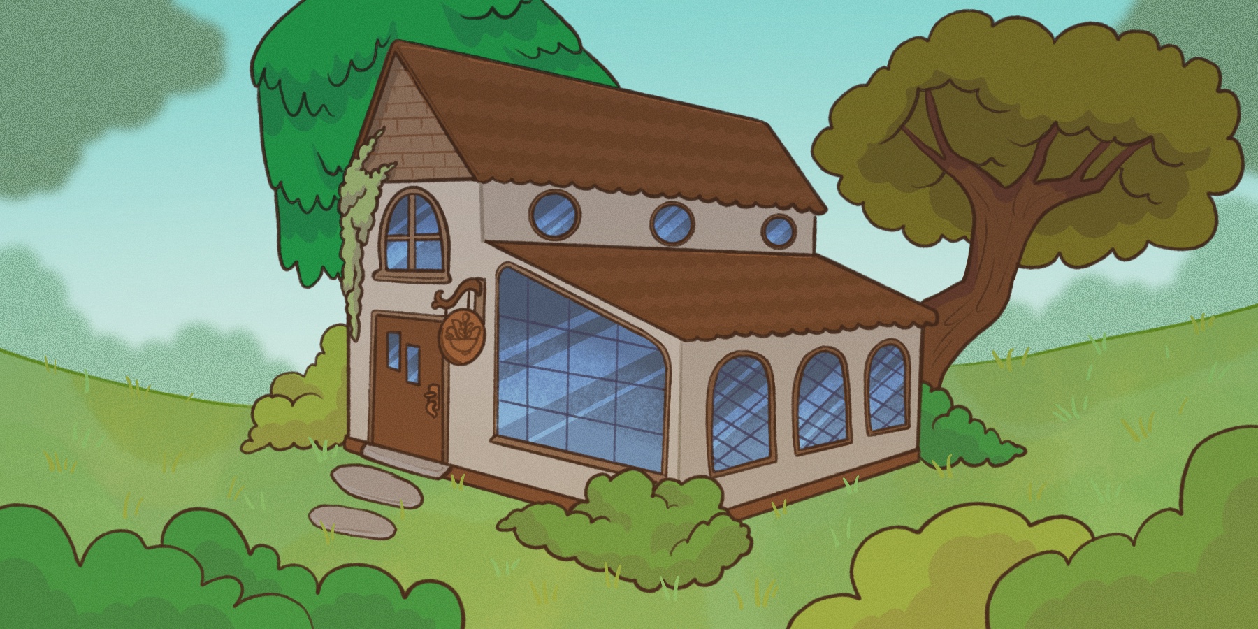 A cozy, cartoon-style house with round windows and a brown roof sits on a grassy hillside, surrounded by bushes and trees under a clear blue sky.