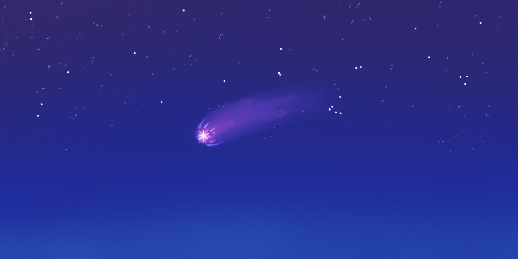A bright, purple-hued comet streaks across a deep blue night sky filled with scattered stars, leaving a glowing trail behind it.