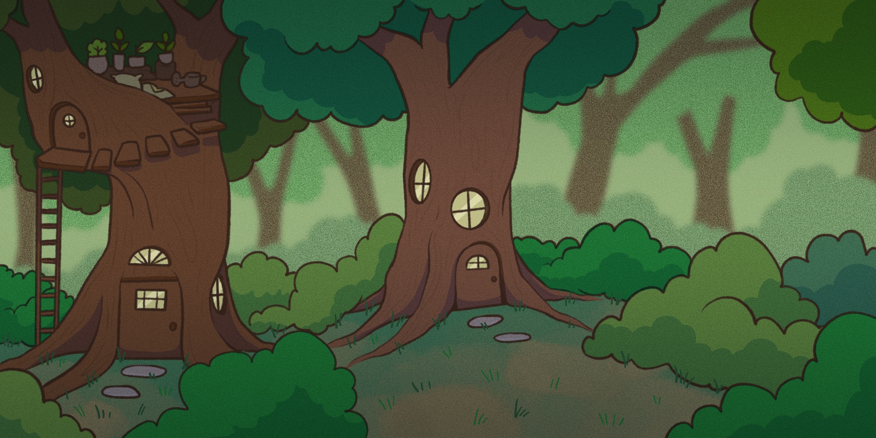 A whimsical illustration of two large trees with doors and round windows, resembling treehouses, surrounded by green bushes and a soft, sunlit forest background. Stone paths lead to the doors.