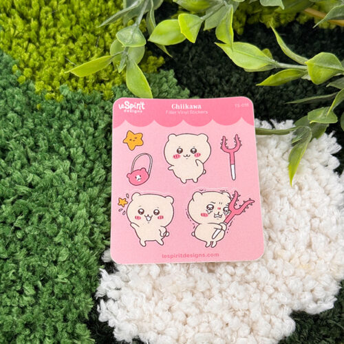 A pink card labeled “Chilikawa” and lespritdesigns.com shows the Tiny Pink Hamster ~ Tiny Filler Vinyl Sticker Sheet on a textured green and white rug, with leafy plant stems above.