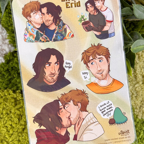 A sticker sheet titled Life on Erid shows two men in various scenes: hugging, holding a plant, talking, sharing a kiss, and one holding a plush toy. The stickers are on a green knitted background with leaves.